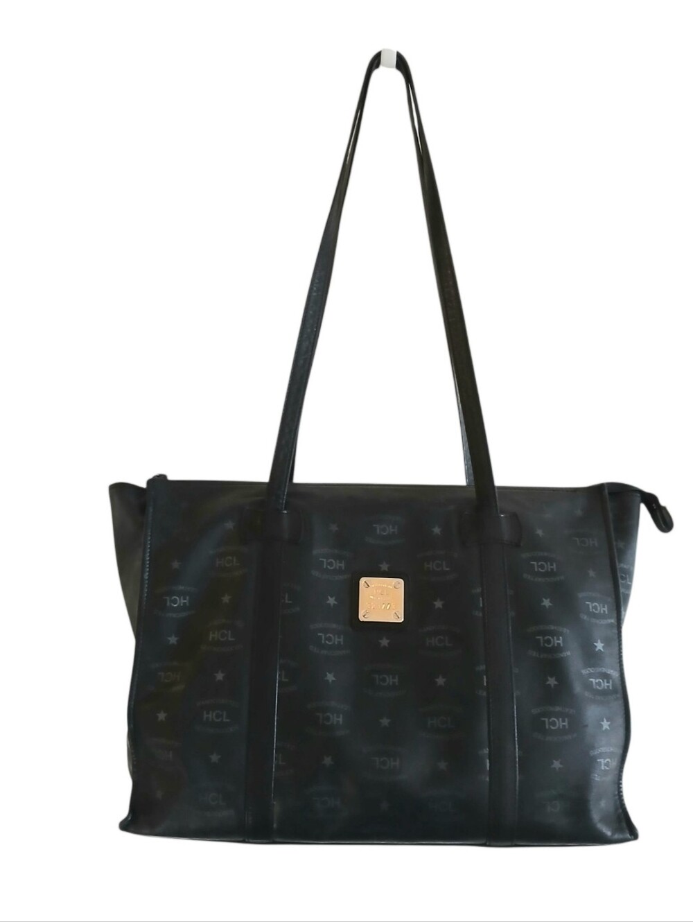 VINTAGE HCL Handcrafted Leathergoods Monogram Tote Black Leather W Germany Logo